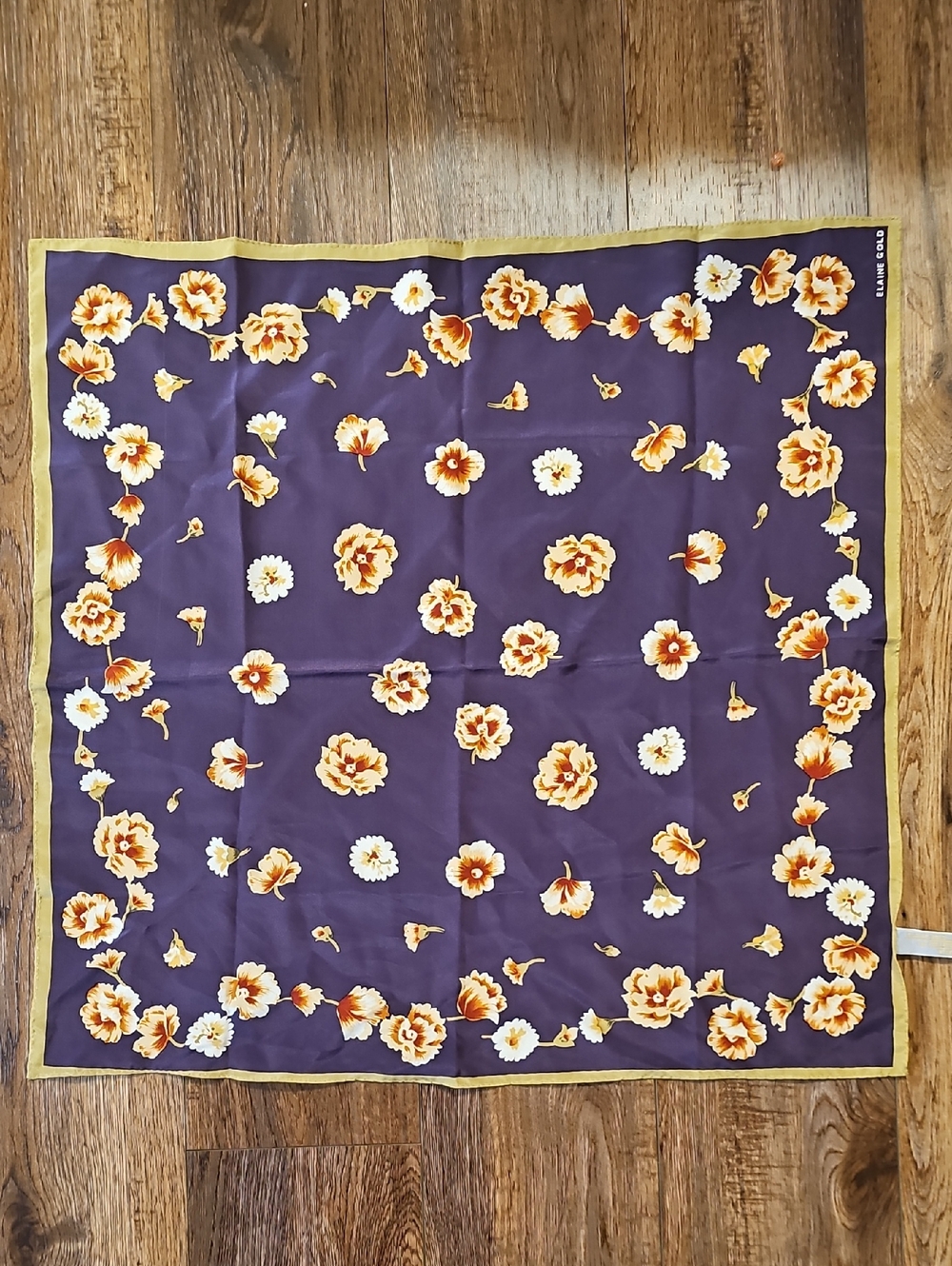 Vintage Elaine Gold Purple Floral Silk Scarf with Yellow Border